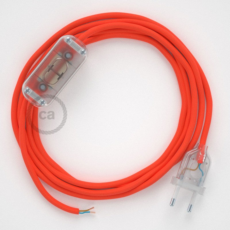 Cabo para candeeiro de mesa, RF15 Laranja Neon Seda Artificial 1,80 m. Escolha a cor da ficha e do interruptor.