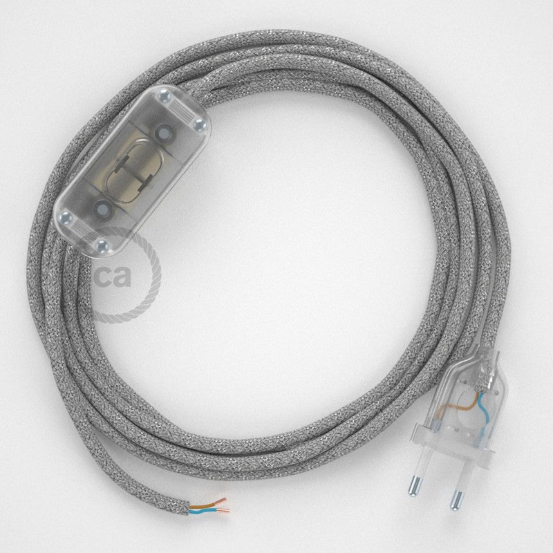 Cabo para candeeiro de mesa, RL02 Prateado Brilhante Seda Artificial 1,80 m. Escolha a cor da ficha e do interruptor.