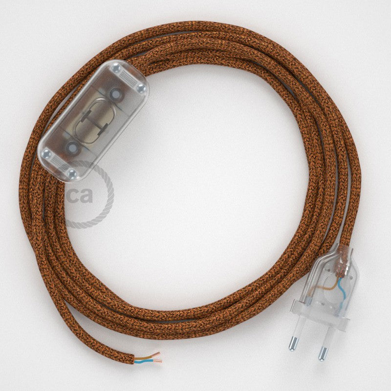 Cabo para candeeiro de mesa, RL22 Cobre Brilhante Seda Artificial 1,80 m. Escolha a cor da ficha e do interruptor.