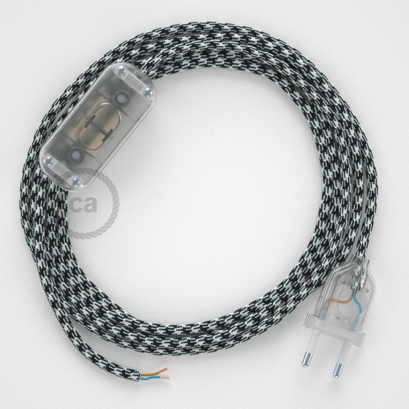Cabo para candeeiro de mesa, RP04 Bicolor Branco-Preto Seda Artificial 1,80 m. Escolha a cor da ficha e do interruptor.