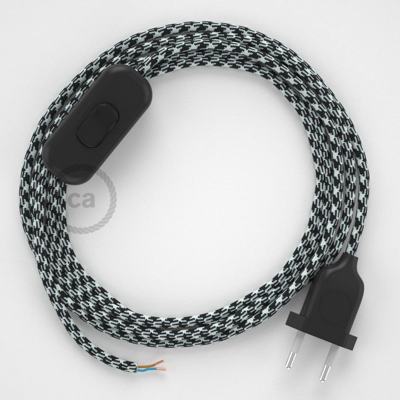 Cabo para candeeiro de mesa, RP04 Bicolor Branco-Preto Seda Artificial 1,80 m. Escolha a cor da ficha e do interruptor.