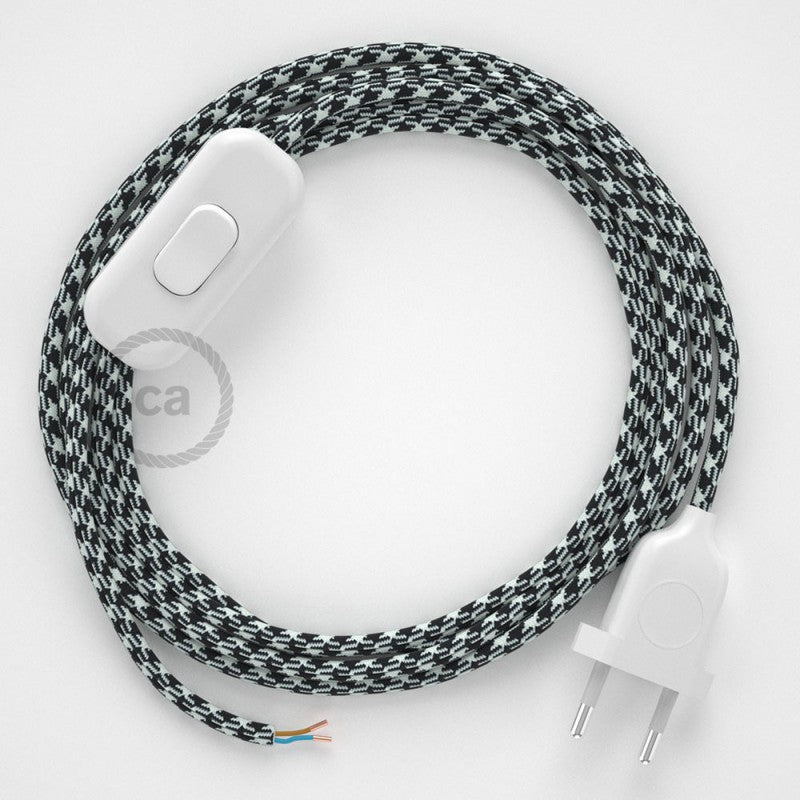 Cabo para candeeiro de mesa, RP04 Bicolor Branco-Preto Seda Artificial 1,80 m. Escolha a cor da ficha e do interruptor.