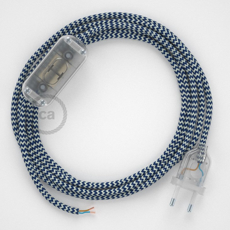 Cabo para candeeiro de mesa, RZ12 ZigZag Azul Seda Artificial 1,80 m. Escolha a cor da ficha e do interruptor.