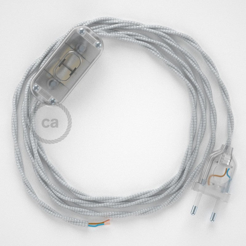 Cabo para candeeiro de mesa, TM02 Prateado Seda Artificial 1,80 m. Escolha a cor da ficha e do interruptor.
