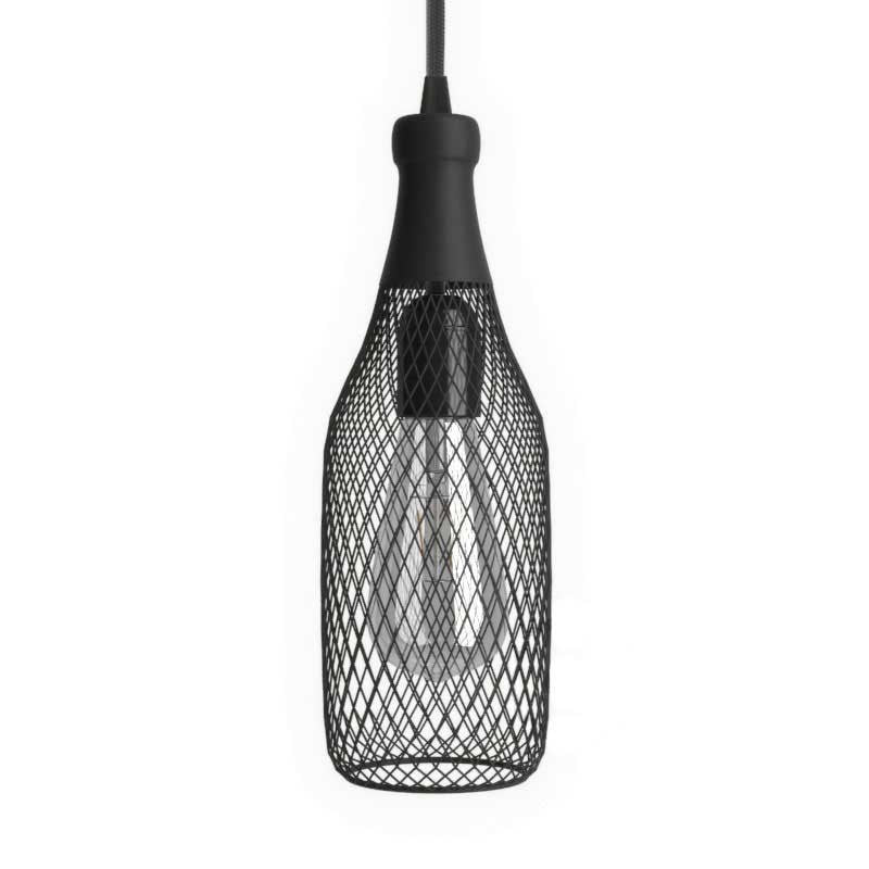 Candeeiro suspenso com cabo têxtil, abajur garrafa Magnum e detalhes em metal - Fabricado em Itália