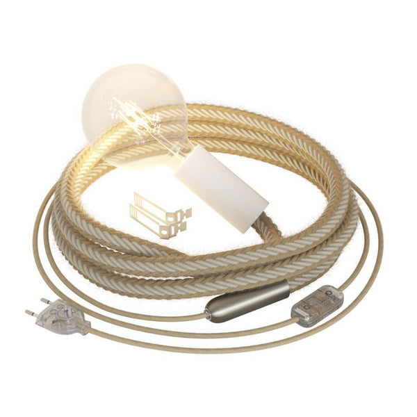 Fiação SnakeBis com suporte de lâmpada de madeira terminal de cabo de metal e juta 2XL e cabo de corda de algodão branco cru