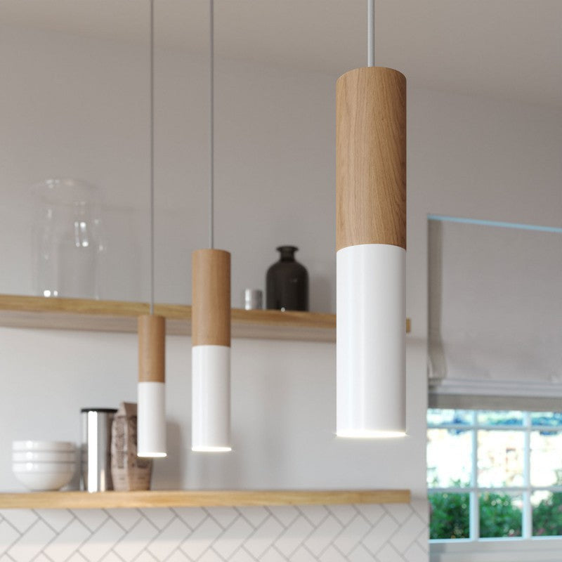 Luminária pendente completa com cabo têxtil e abajur dupla em madeira e metal Tub-E14
